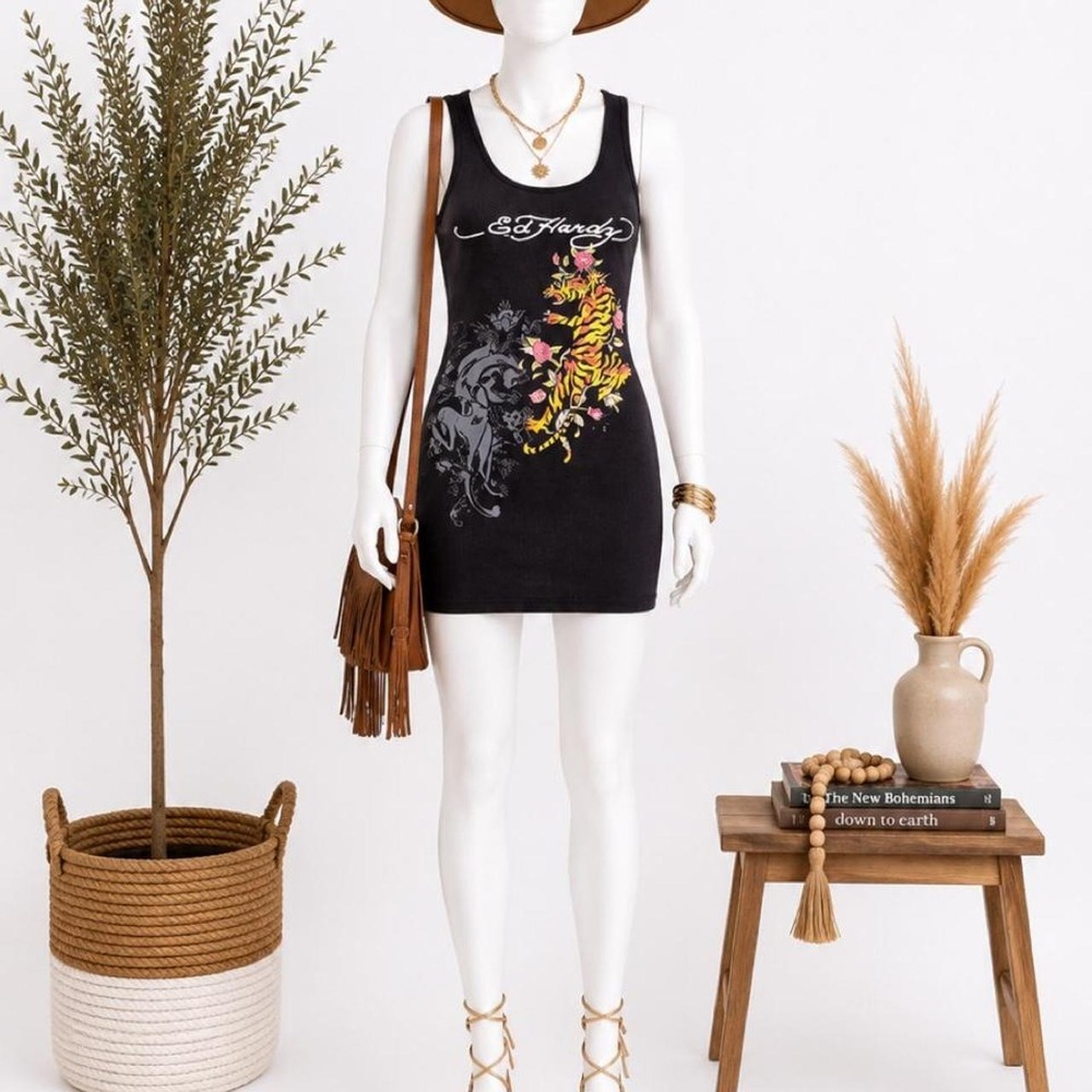 Ed Hardy Women's XS Black Tiger Rose Graphic Bodycon Tank Mini Dress Y2K